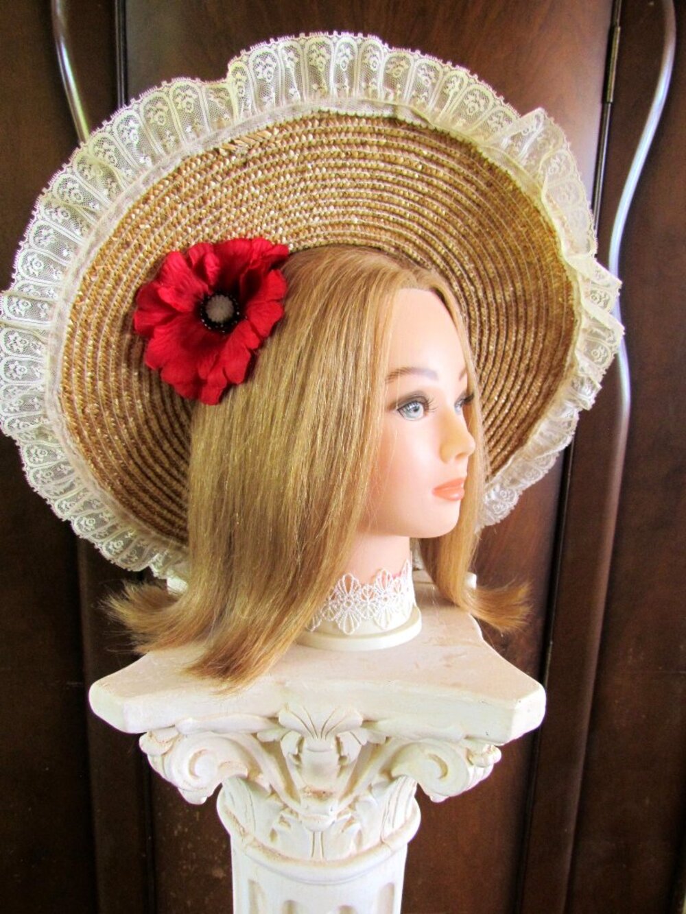 VICTORIAN COSTUME HAT, S, LAVISH w FLOWER, LACE, & SATIN TRIMMINGS, WIDE BRIM
